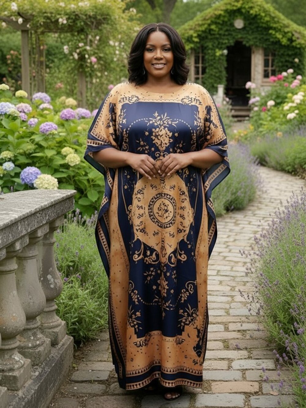 Plus Size Navy Blue & Tan Luxe Ornate Print Flowing Maxi Kaftan Dress